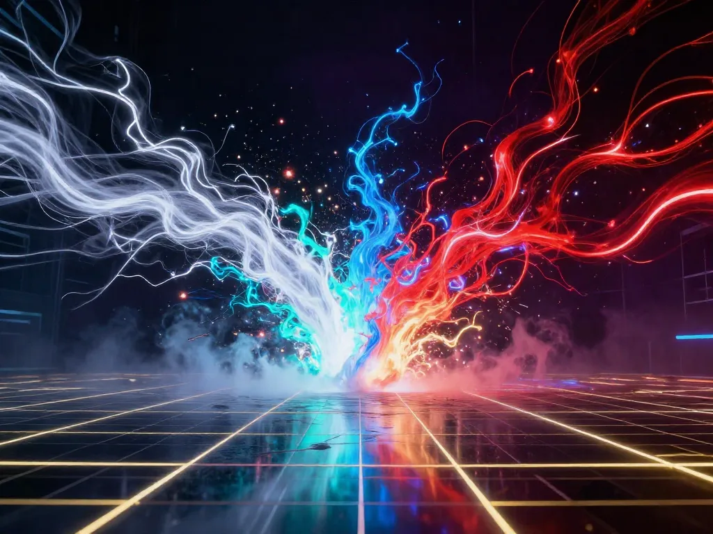 Three factions' energy colliding in the arena
