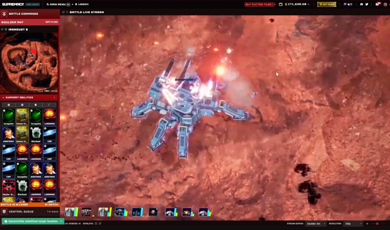 The first arena, live: a mech under fire while the crowd's support abilities wait down the left rail
