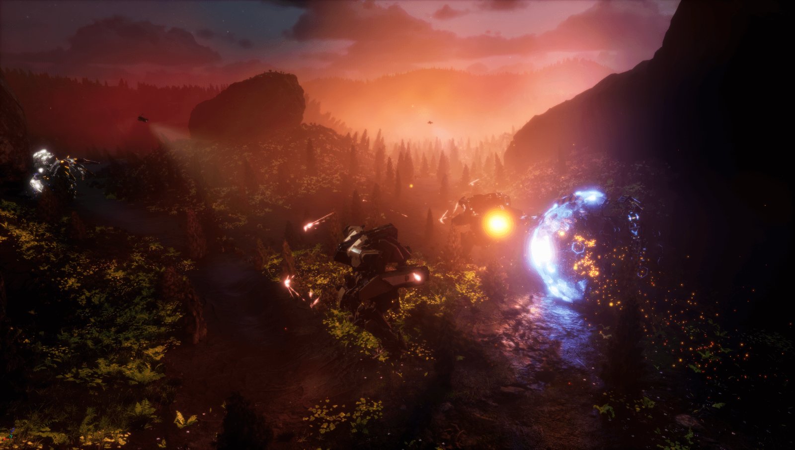 The first war: mechs trading fire at sunset