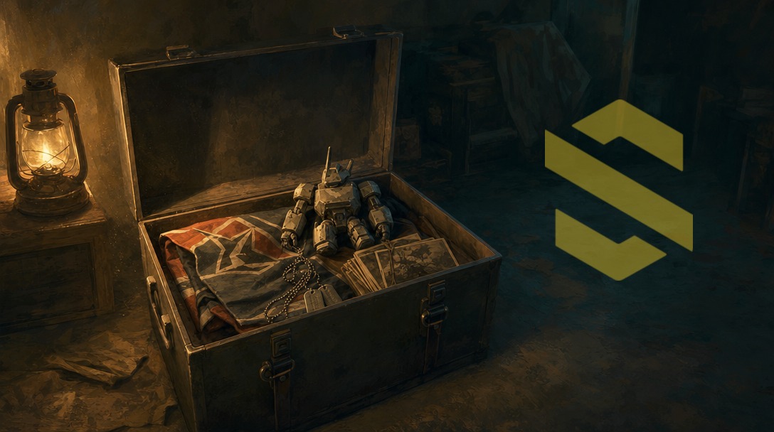 An old footlocker of first-war relics under lamplight, the SUPS mark fading into the dark